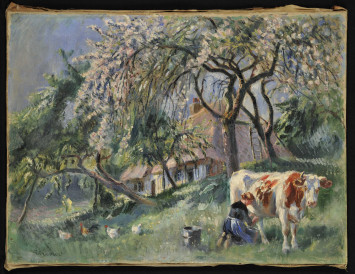 Cette autre huile sur toile est une vision toujours idyllique de la traite avec une jeune femme dans un champ aux arbres fleuris trayant une vache.