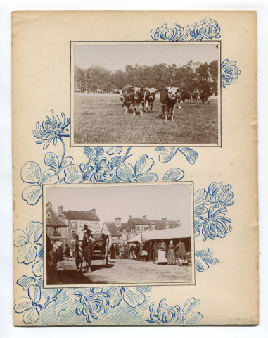 Marché place Verdun (photo n°20), groupe d'artistes pendant une séance en plein air (photo n°48), statue du Colonel Langlois devant l'église Saint-Sauveur (photos n°49 et 50)