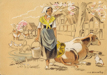 Une femme vient de traire une vache. Cette carte postale est un dessin coloré sur des tons pastels et représente un cadre bucolique idyllique.