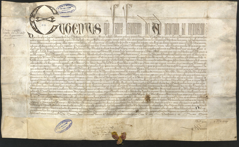 Bulle de confirmation des privilèges de l'Université par Eugène IV et instituant l'évêque de Bayeux comme chancelier de l'Université