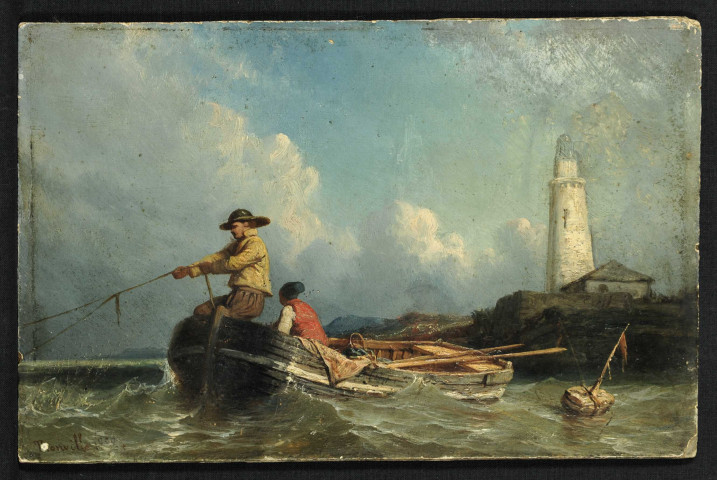 Deux pêcheurs devant le phare du Butin à l'entrée du port de Honfleur, par François-Joseph Tronville (?)