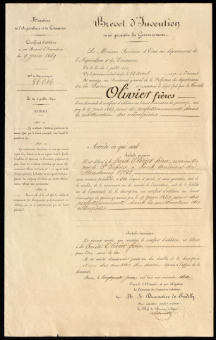 Certificat du brevet d'invention par la Société Olivier Frères