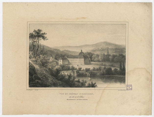 Vue du château d'Harcourt du côté de la colline. Arrondissement de Falaise (Calvados). Par Charles de Vauquelin et Villain.