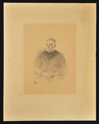 Portrait d'un homme assis, portant des favoris blancs, les doigts croisés, par Charles Léandre