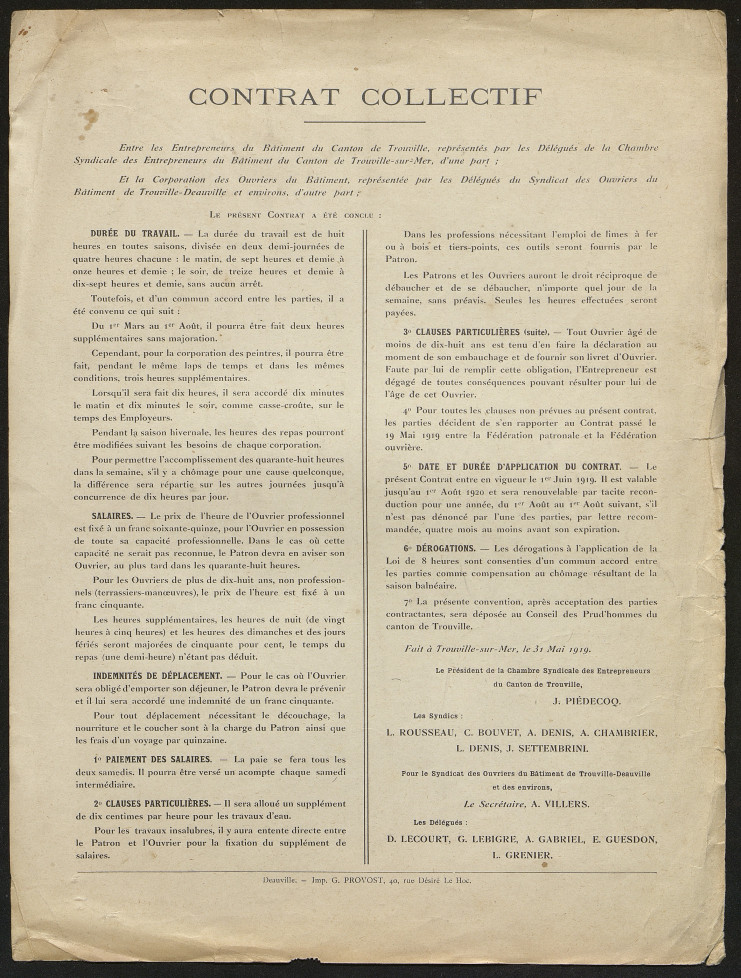 Le contrat collectif, signé en 1919, entre les entrepreneurs du bâtiment du canton de Trouville et la corporation des ouvriers du bâtiments de Deauville-Trouville.