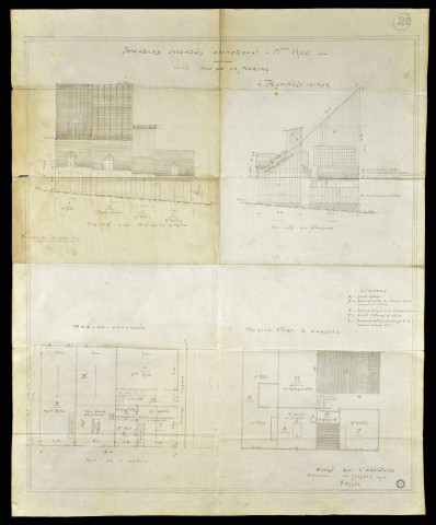 Trouville : plan et élévation d'un immeuble incendié appartenant à Mesdemoiselles Hue, rue de la Marine. Vassel, architecte