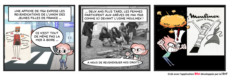 Une bande dessinnée au sujet de mai 1968. Une jeune fille découvre une photographie de la grève des ouvrières de Moulinex en mai 1968 et dans la foulée une affiche avec le slogan de l'entreprise "Moulinex libère les femmes".