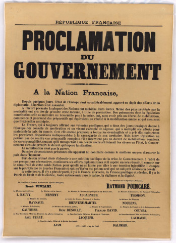 Proclamation du gouvernement annonçant la mobilisation des troupes.