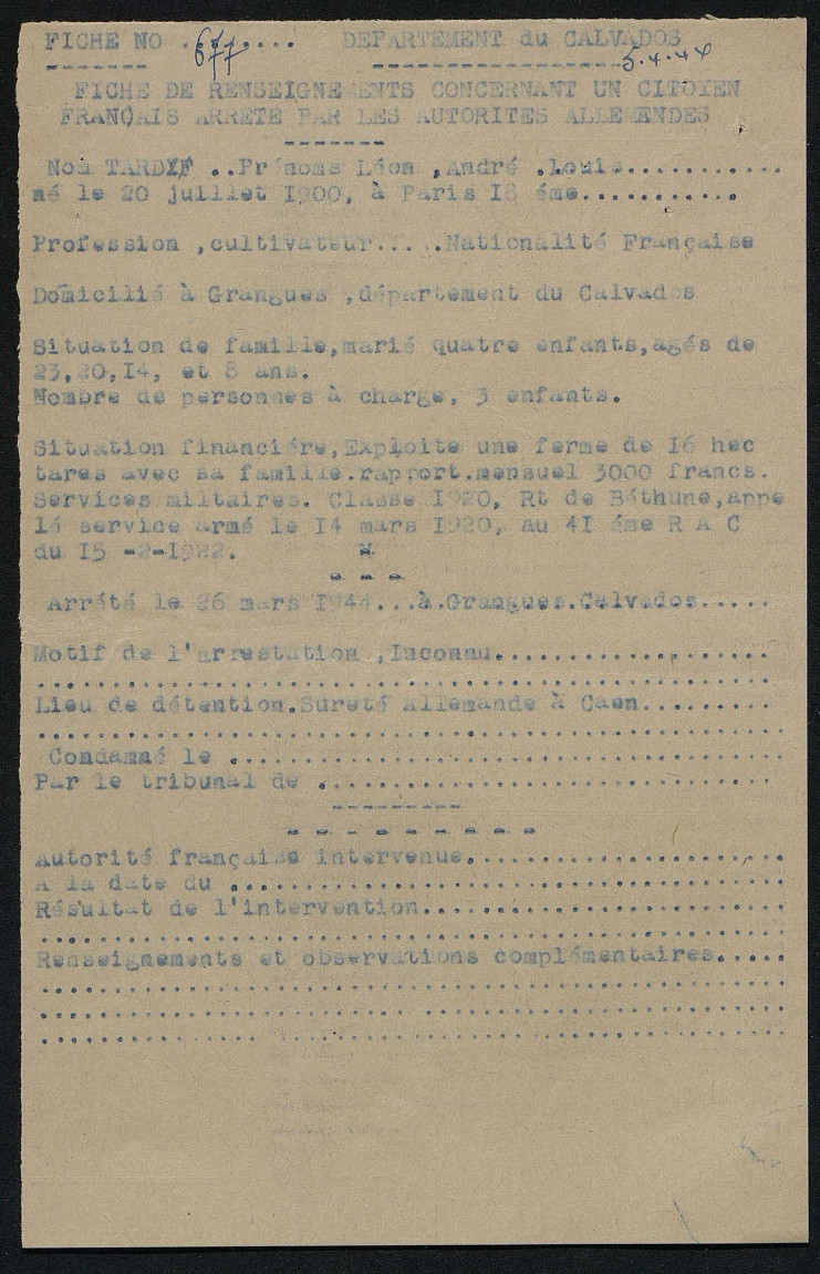 Le motif de son arrestation est indiqué comme inconnu. Il est précisé que le lieu de sa détention est la sûreté allemande de Caen. Aucun procès n'a été réalisé et aucune autorité française n'est intervenue.