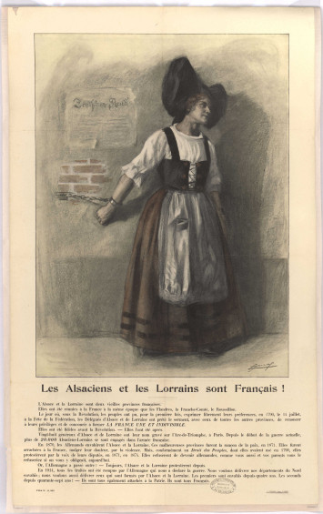 Une femme en costume traditionnel alsacien est attachée à un mur. Le titre proclame que les alsaciens et les lorrains sont français !