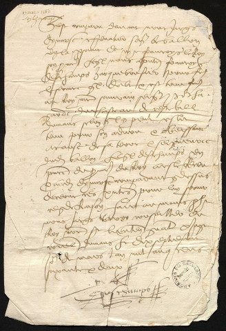 Partie de l'ancien chartrier d'Azay-le-Rideau (section 1, n° 6 bis), concernant Guy alias Guyon Le Roy, sieur du Chillou, vicomte de Honfleur, capitaine gouverneur du Havre-de-Grâce (Seine-Maritime), vice-amiral de France