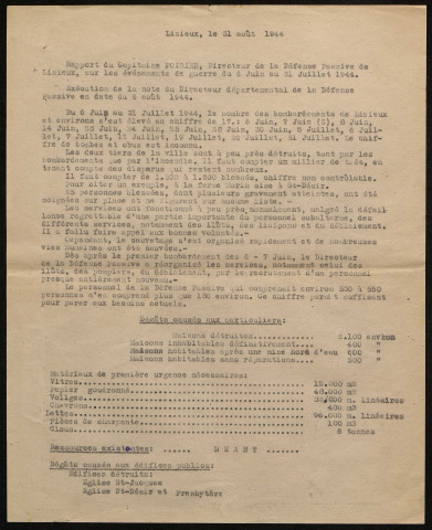Dossier général du Directeur de la Défense passive de Lisieux (Capitaine Poirier), bombardements de Lisieux du 6 et 7 juin 1944