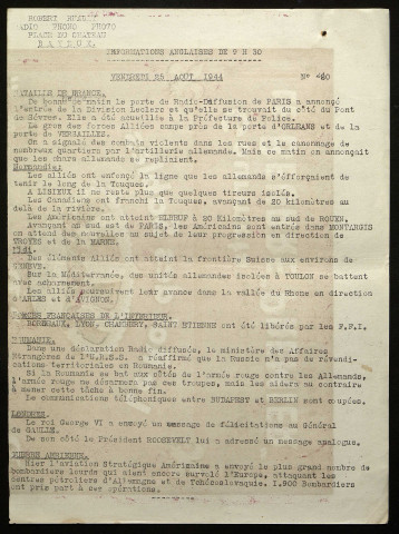 Transcription dactylographiée des informations radiophoniques anglaises diffusée par la permanence de Radio-Normandie à Bayeux