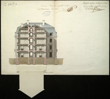 Coupe d'un des grands corps des casernes de Caen (1785), plan manuscrit en couleur avec 1 rabat (23,5x34).