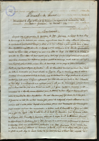 "Recueil de pièces concernant le pays et le vicomté de Couserans par rapport à la convocation des états-généraux, en l'année 1789" précédé d'un avertissement, de la main du comte de Chambors