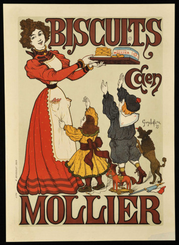 L'affiche représente une ménagère en tablier apportant des biscuits de Caen à ses enfants (un garçon et une fille). Le chien de la famille se dresse sur ses pattes et réclame comme les enfants des biscuits.