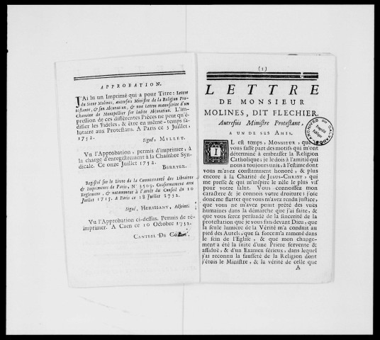 "Lettre de Monsieur Molines, dit Fléchier, autrefois ministre protestant à un de ses amis du 20 mai 1752, avec son abjuration faite dans la citadelle de Montpellier le 30 avr. précédent"