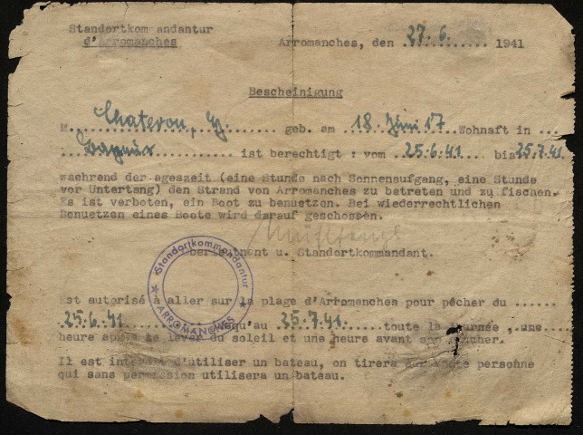 Autorisation de pêcher sur la plage délivrée par la standortkommandantur d'Arromanches (27 juin 1941)