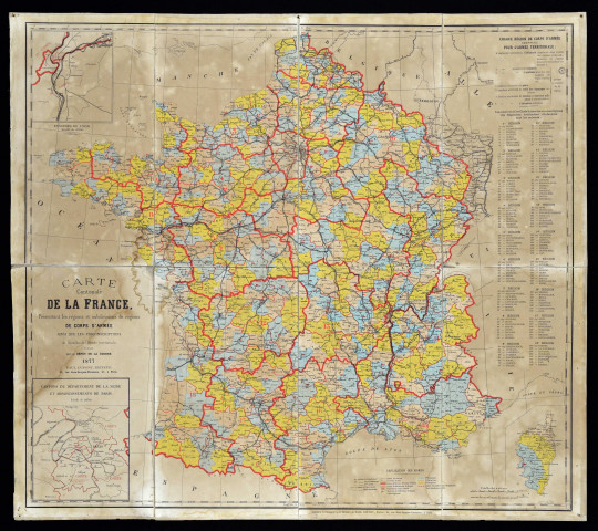 Carte cantonale de la France présentant les régions et subdivisions de régions de corps d'armée ainsi que les circonscriptions de bataillon de l'armée territoriale, avec en détail cantons du département de la Seine et arrondissements de Paris, ainsi que des environs de Lyon