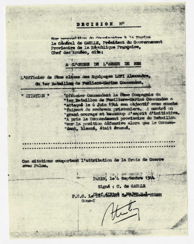 Citation de l'officier Lofi à l'ordre de l'armée de mer