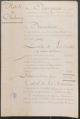 Plans de la digue de Cherbourg et des cônes en 1786 rendus à la Bibliothèque de Caen