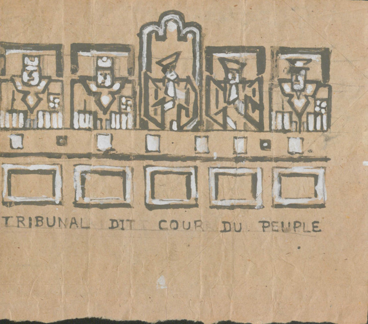 Le dessin est légendé "Tribunal dit cour du peuple". Il représente 5 magistrats siégeant de face. Les traits droits y compris pour représenter les visages relèvent presque du cubisme.