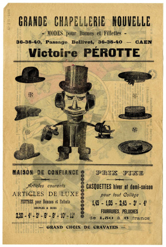 Publicité pour la Grande Chapellerie Nouvelle, Modes pour Dames et Fillettes, 36-38-40, Passage Bellivet à Caen (Victoire Perotte) (n°13 à 20).
