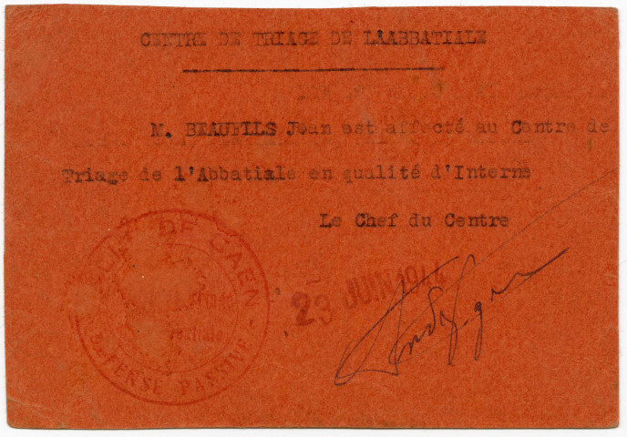 Attestation et carte d'affectation de Jean Beaufils