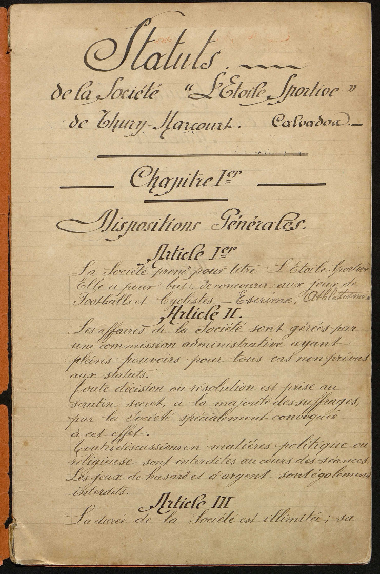 Première page des statuts manuscrits.