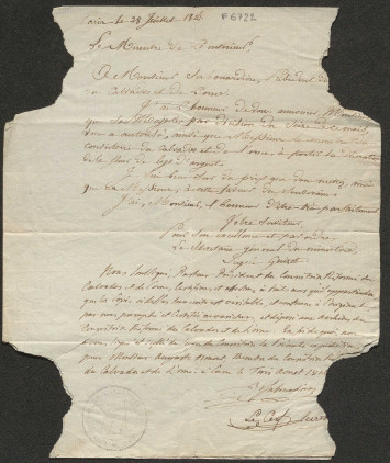 François Guizot informe le pasteur Sabonardière, président du Consistoire du Calvados et de l'Orne que Louis XVIII accorde aux membres du Consistoire l'autorisation de porter la décoration de la fleur de lys d'argent, ordre créé par le roi. Il s'agit d'un des premiers actes de Guizot concernant le département qui fut plus tard son fief électoral.