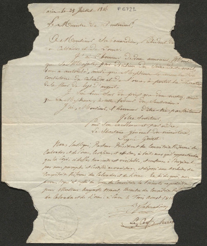 Succession Gohier, veuve Massieu de Clerval (1784, 1 p.) ; portrait de profil de François de Malherbe (canivet, s.d. XIXe s. ; d'après la médaille gravée pour la ville en 1815 par Jacques Gatteaux) ; lettre de F. Guizot au président du Consistoire protestant de Caen (copie)