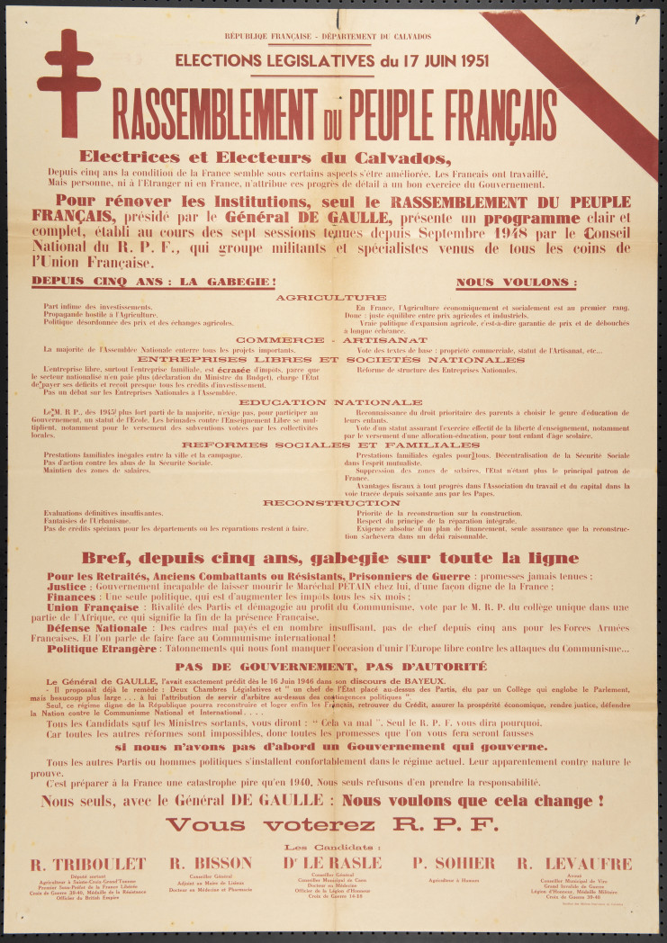 Affiche pour les élections législatives de 1951 dans le Calvados, Raymond était candidat du RPF.
