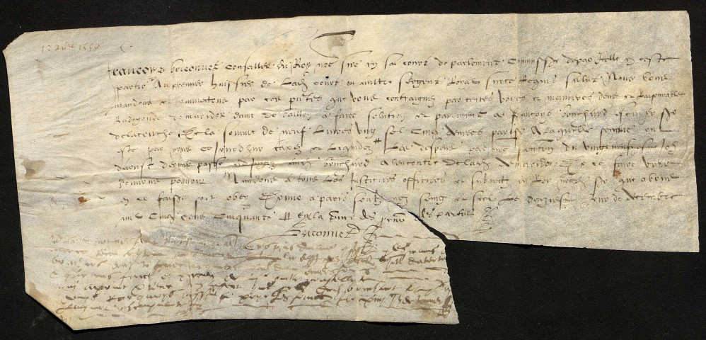 Partie de l'ancien chartrier d'Azay-le-Rideau (section 1, n° 6 bis), concernant Guy alias Guyon Le Roy, sieur du Chillou, vicomte de Honfleur, capitaine gouverneur du Havre-de-Grâce (Seine-Maritime), vice-amiral de France