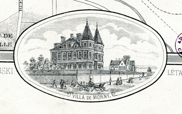 Trouville - Deauville : plan des localités. En vignettes : port de Trouville (marée basse) ; villa Boitelle ; villa Lemaitre ; villa de Morny ; villa de Montebello ; m(aison) Breney, Mre Deauv(il)le.