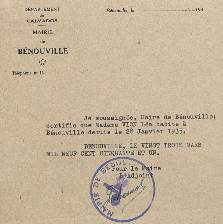 Léa Vion habite à Bénouville depuis le 28 janvier 1935.