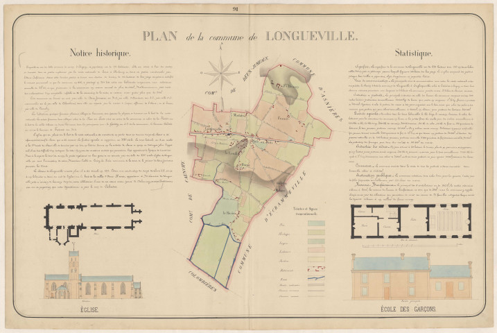 Longueville. Carte, notice, église, école, mairie, plans, production