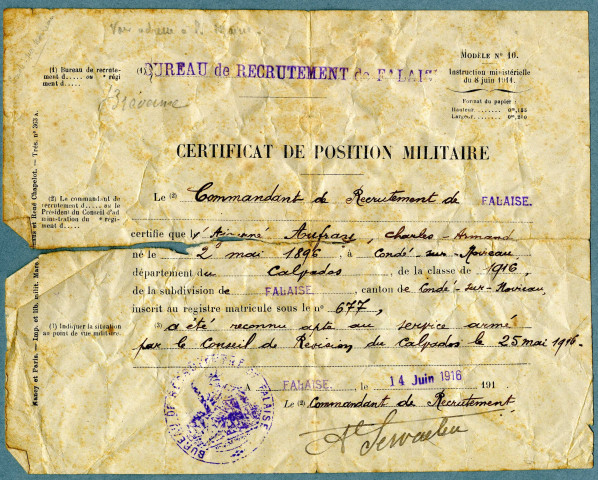 Certificat de position militaire de Charles Aufray