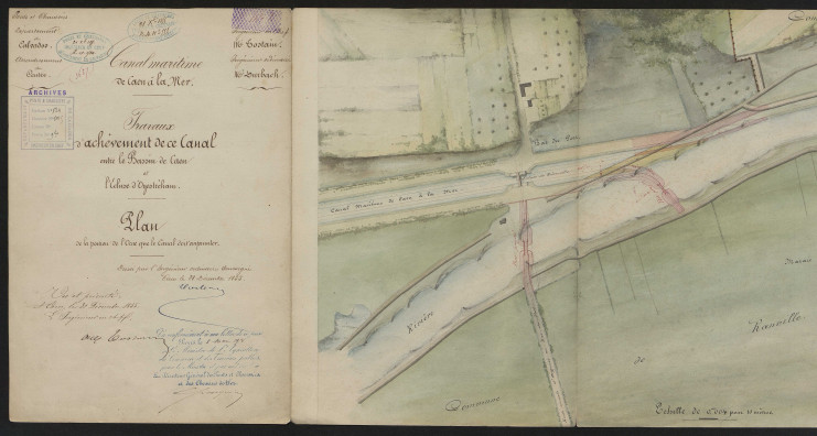 Plan d'achèvement des travaux du canal entre le bassin de Caen et l'écluse de Ouistreham, 1855, AD14, S/13416