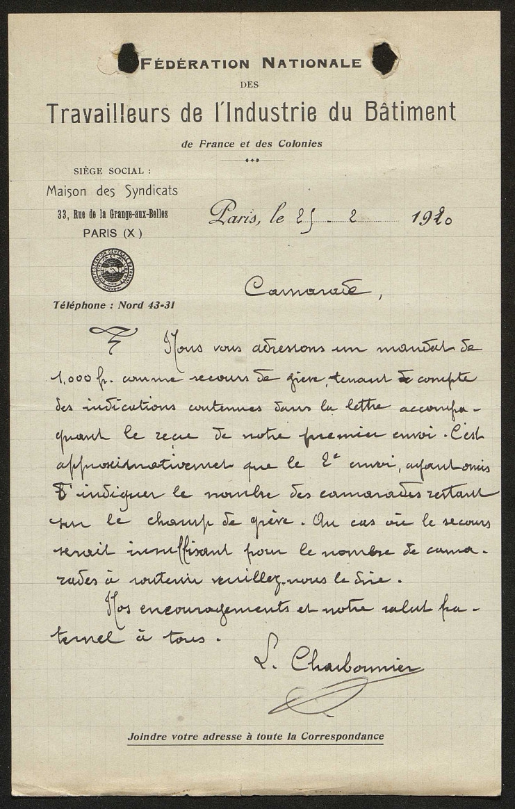 Courrier de la Fédération nationale des Travailleurs de l'Industrie des Bâtiments attestant l'envoi d'un mandat de 1000 francs pour soutenir les grévistes.