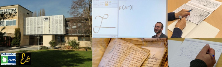 Photomontage montrant les cours de paléographie aux Archives du Calvados. L'enseignant trace les lettres sur un logiciel et son écran est projeté dans la salle de classe tandis que les élèves tentent de déchiffrer les textes anciens.