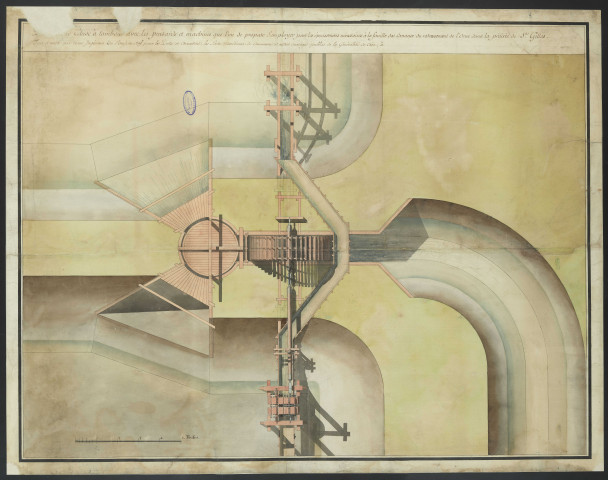 Plan d'une écluse à tambour avec les puisards et machines que l'on se propose d'employer pour les épuisements nécessaires à la fouille des Canaux du redressement de l'Orne dans la prairie de St Gilles