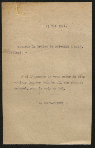 Rapports des mois de mai à décembre 1941