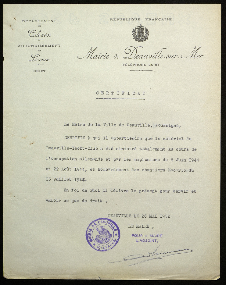 Certificat de la mairie de Deauville indiquant la destruction totale du matériel du club.