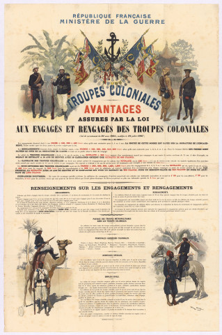 Affiche illustrée présentant les avantages accordés aux militaires des troupes coloniales françaises.