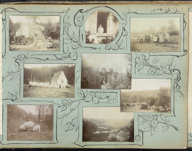 Album photographique illustré.
Caen, Biéville, Cabourg, Colomby-sur-Than, Feuguerolles, Fontaine-Henry, May-sur-Orne, Thaon, Verson, vallée de l'Orne, Saint-Céneri (Sarthe), vallée de la Sarthe, Fontainebleau, voyage en france.
Monuments et architecture ; paysages ; scènes de vie, familiale, de rue, de village et agricole ; marchés ; fêtes, kermesse, fêtes nautiques, kermesse ; plage et baignade ; armée, zouaves, grandes manoeuvres, scènes militaires, guerre 14-18, hôpital belge, hôpital militaire, infirmerie ; peinture sur le motif, Thurin