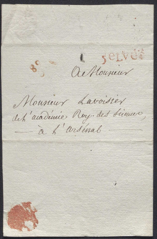 Correspondance (lettres adressées à Lavoisier, Prosper Mérimée, M. des Essarts, de Formeville par plusieurs correspondants dont le plus fréquemment Léopold Delisle, M. Prévost)