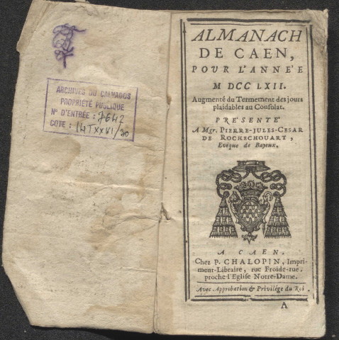 Sept exemplaires de l'Almanach de la ville de Caen, par les imprimeurs Chalopin.