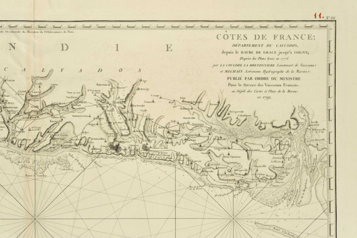 Côtes de France : Département du Calvados depuis le Havre de Grâce jusqu'à Isigny;d'après les plans levés en 1776 par La Couldre de le Bretonnière et Méchain