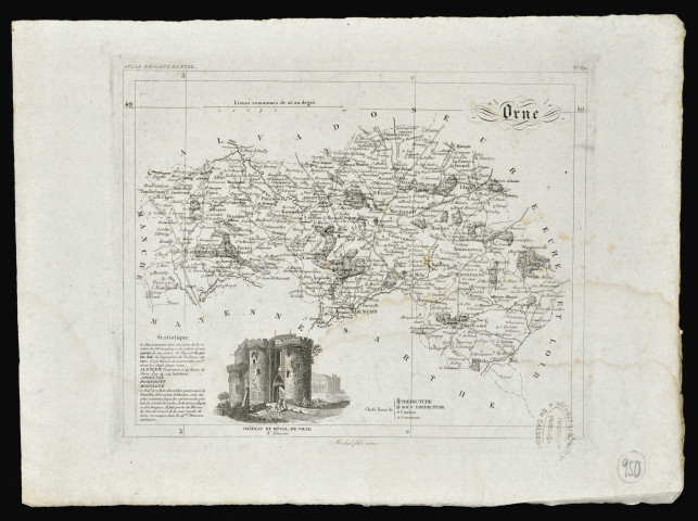 Carte du département de l'Orne, extraite de l'Atlas départemental avec représentation du château et hôtel de ville d'Alençon