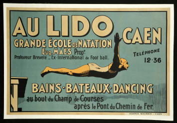 Affiche illustrée en couleurs de l'école de natation Eugène Maës